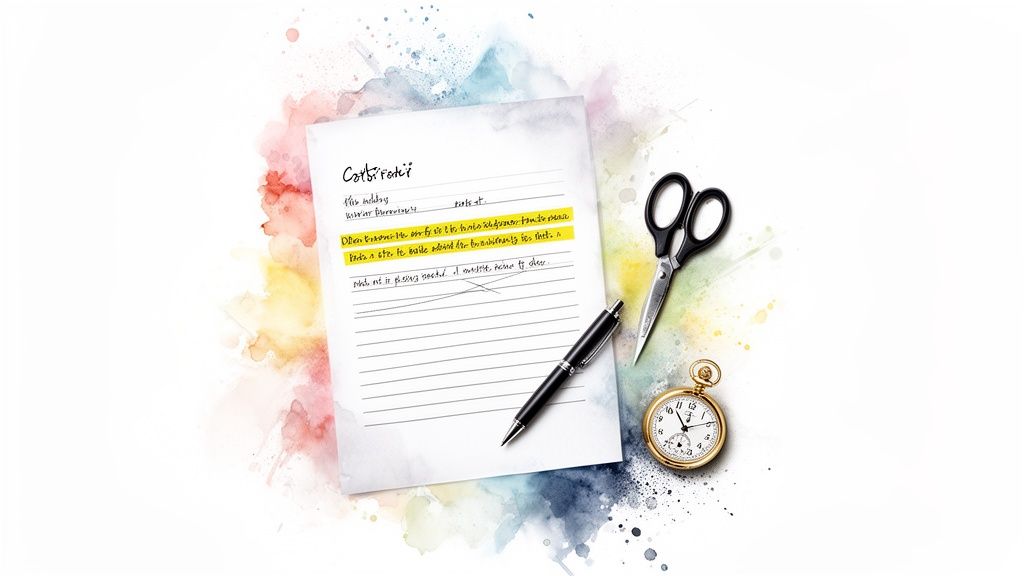 Overhead view of a paper with text, pen, scissors, and a gold pocket watch on a vibrant watercolor background.