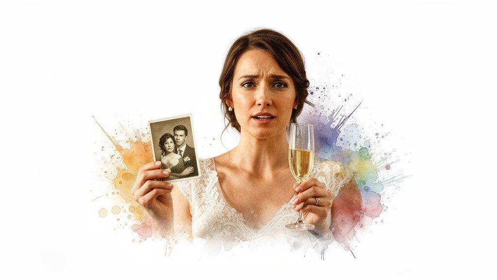 A worried bride in a white dress holds an old photo and champagne, with colorful watercolor splatters.