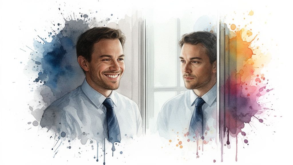 Watercolor art of a man smiling brightly and his more serious reflection, surrounded by vibrant paint splatters.