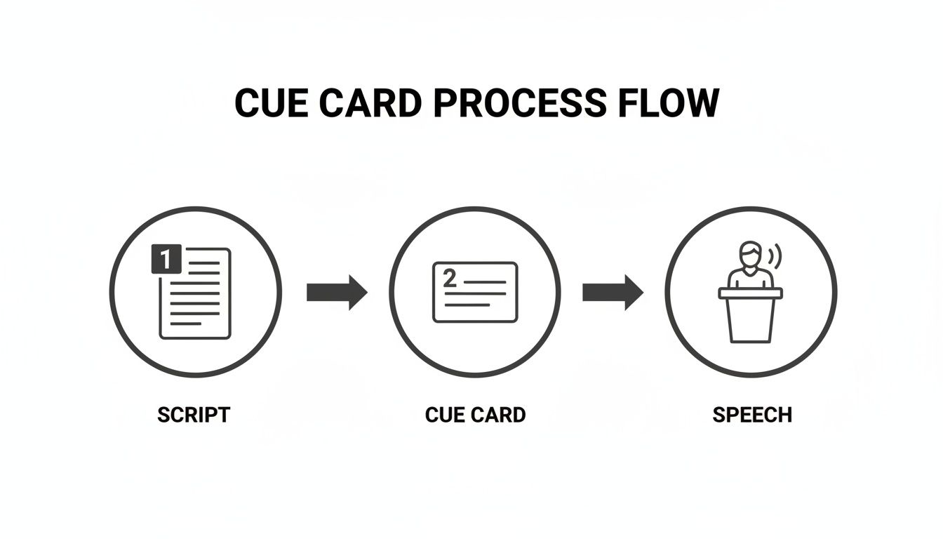 Process flow diagram showing script creation, cue card preparation, and delivering a speech.