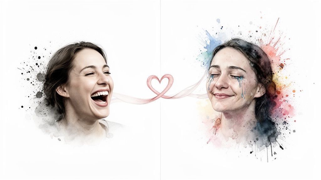 Watercolor illustration of two women, one laughing heartily, one crying, connected by a heart.