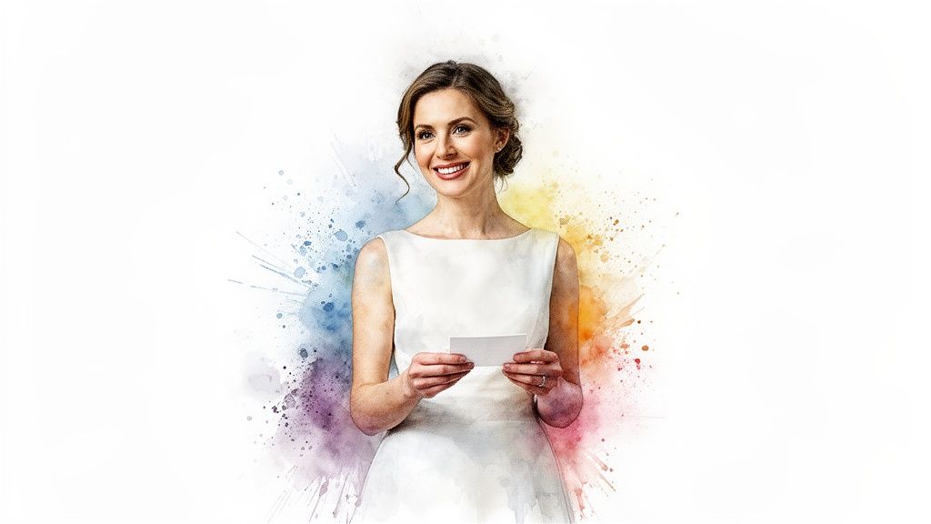 Smiling woman in a white dress holding a note, surrounded by colorful watercolor splashes.