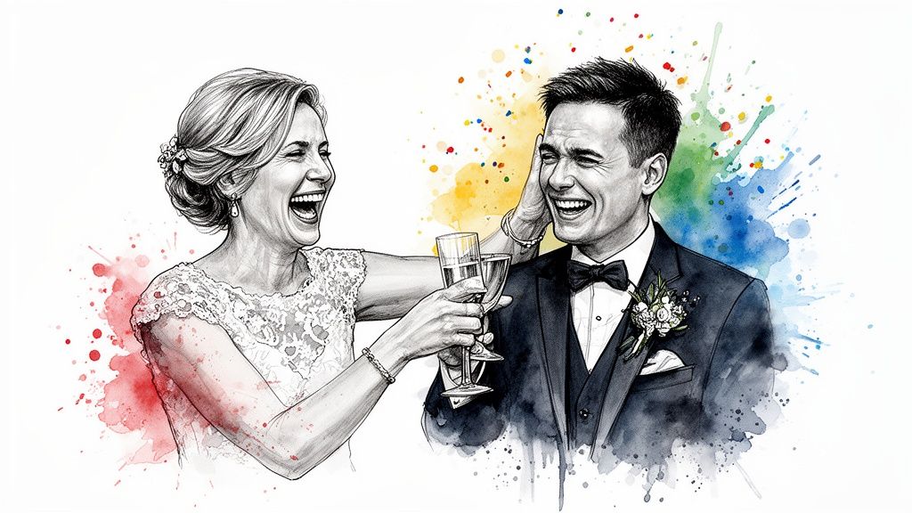 A happy bride and groom clinking champagne glasses and laughing amidst colorful watercolor splashes.
