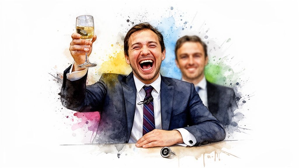 Man in suit laughs loudly, raising a champagne glass in a celebratory watercolor image.