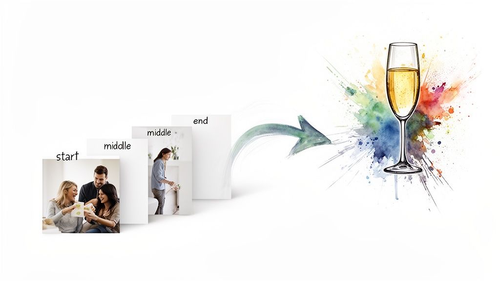 Three cards showing people celebrating, followed by an arrow pointing to a watercolor champagne glass illustration.