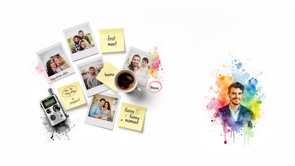 A collage of instant photos, sticky notes, a radio, and coffee, with a colorful watercolor portrait of a smiling man.