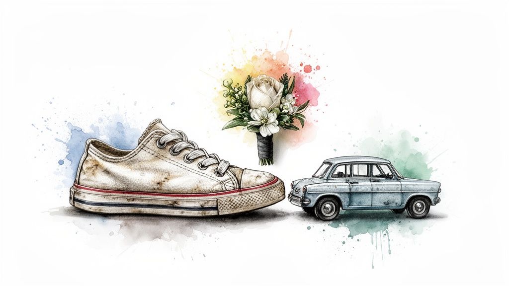 Watercolor illustration of a dirty sneaker, a white rose boutonniere, and a vintage blue car.