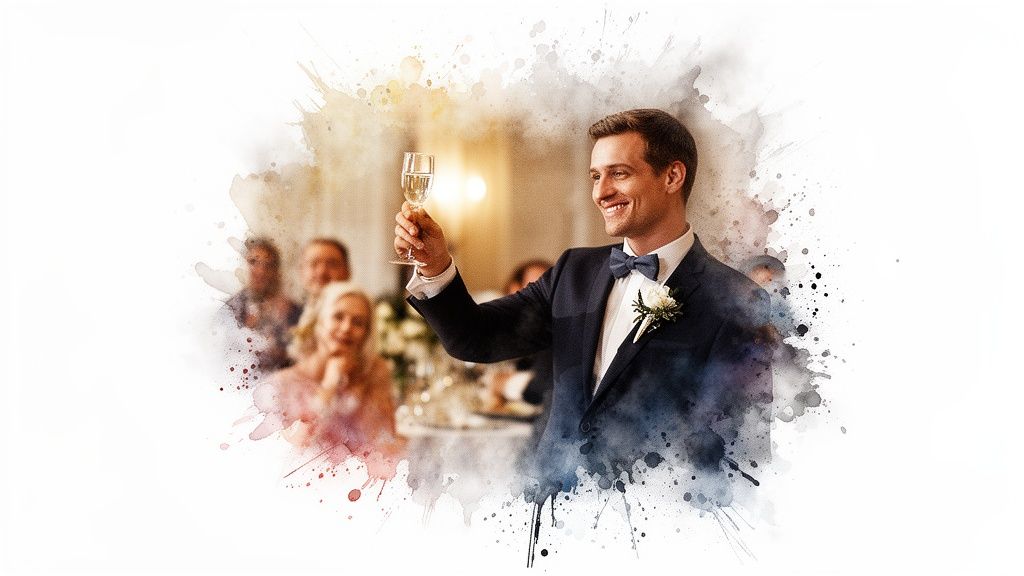 A smiling man in a suit gives a toast with a champagne glass, blurred guests in background.