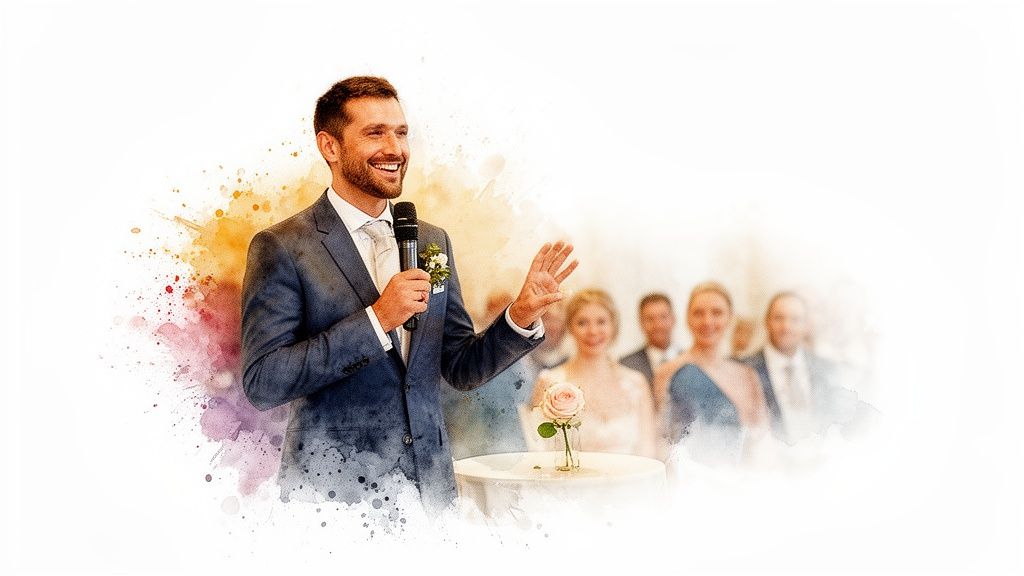 Smiling man in a suit gives a speech with a microphone at a joyful wedding reception.