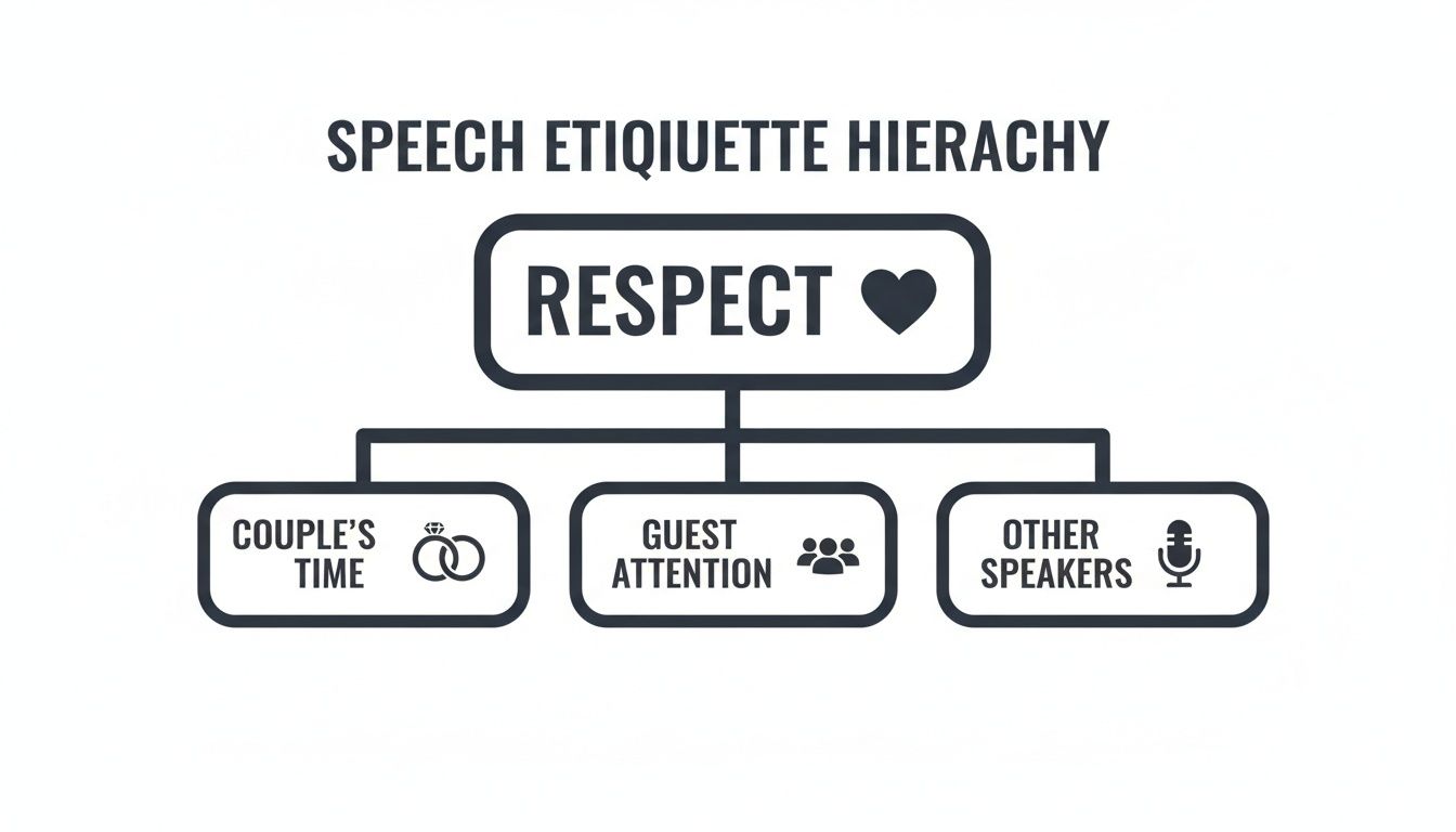 Hierarchy chart showing speech etiquette, emphasizing respect for the couple's time, guest attention, and other speakers.