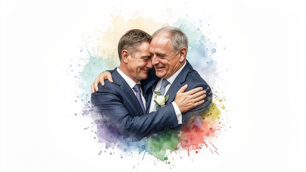 Two men in suits, possibly father and son, share an emotional embrace with a watercolor effect.
