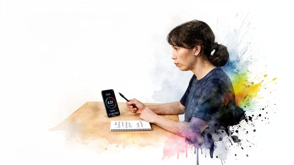 Woman monitors data on her smartphone with a stylus, next to a notebook, with artistic watercolor splashes.