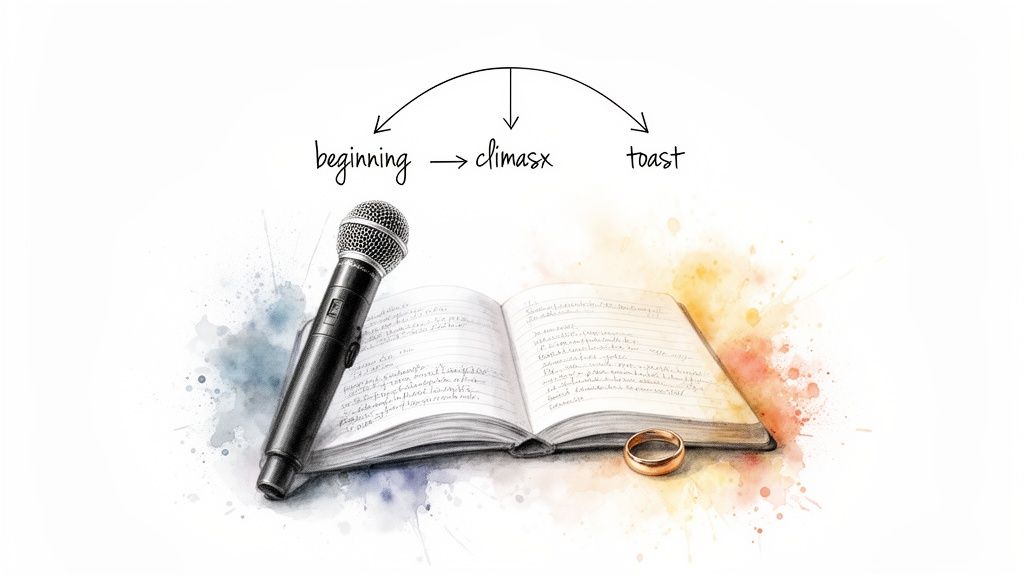 A microphone, open notebook with handwritten notes, and a gold wedding ring, illustrating a speech outline.