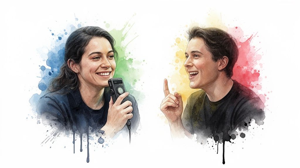 Watercolor illustration of two smiling people talking, one holding a microphone, the other gesturing.