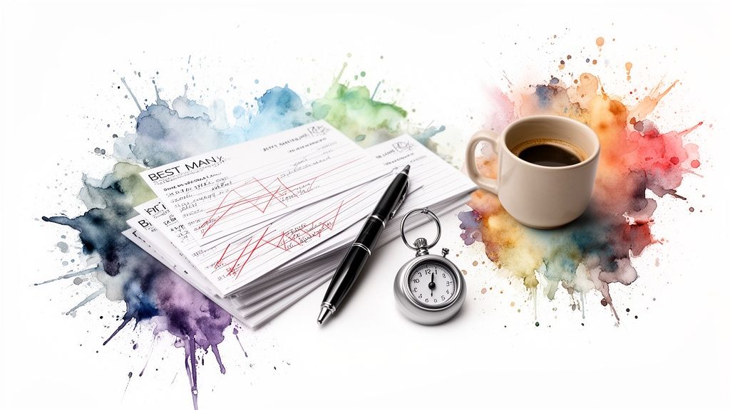 A best man speech preparation with notes, a pen, a stopwatch, and coffee on a colorful watercolor background.