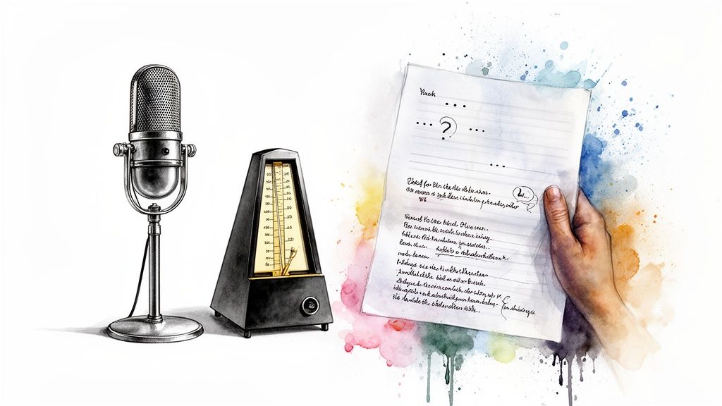 A vintage microphone, metronome, and a hand holding notes, suggesting public speaking or performance preparation.