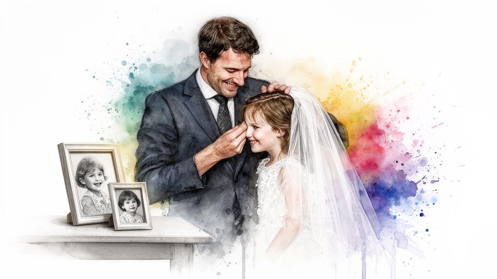A smiling father adjusts his young daughter's veil, surrounded by watercolor splashes and childhood photos.