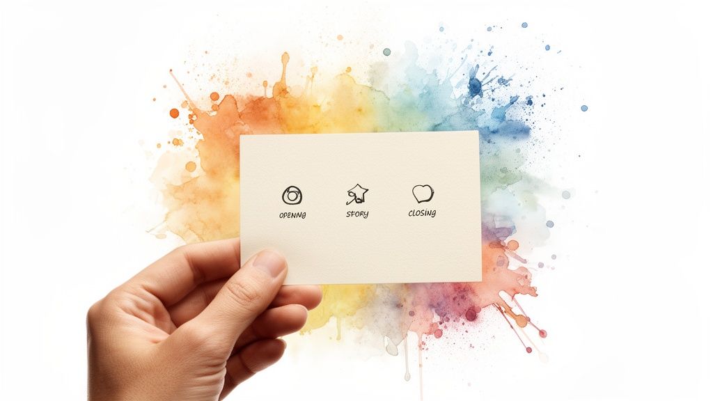A hand holds a card with 'opening,' 'story,' 'closing' icons over vibrant watercolor splashes.