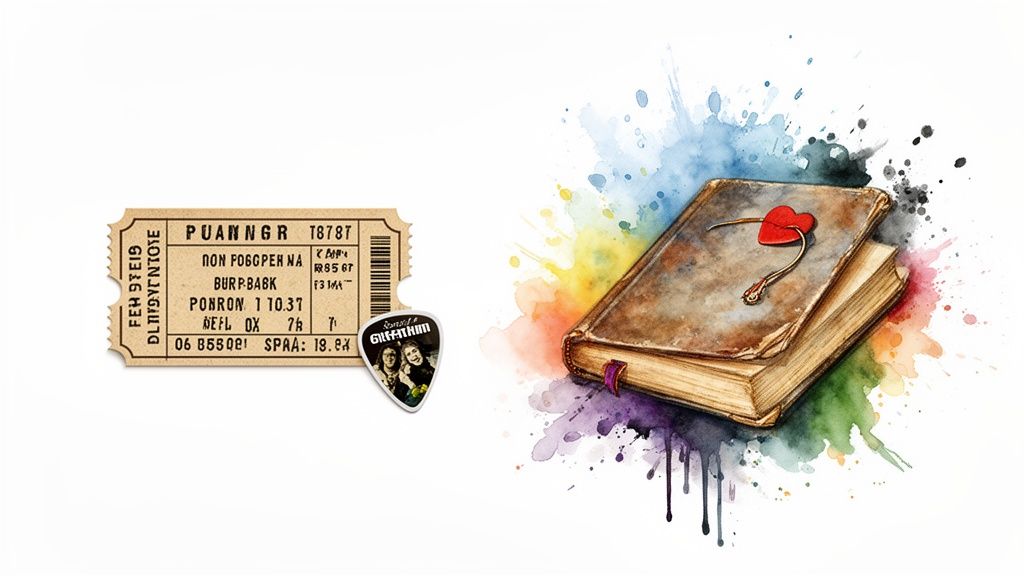 A vintage concert ticket, a guitar pick, and an old book with a heart bookmark, surrounded by watercolor splatters.
