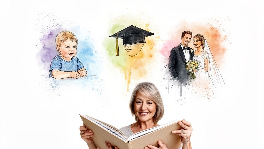 An older woman smiles, holding a book, with illustrated memories of childhood, graduation, and a wedding above.