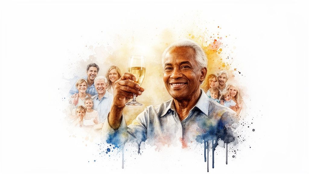 A smiling older Black man toasts with champagne, surrounded by his happy diverse family in a watercolor style.