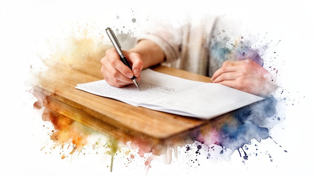 Close-up of a person's hands writing with a pen on paper at a wooden desk.