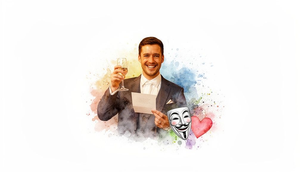 A smiling man in a suit celebrates, holding champagne and a letter amidst colorful watercolor splashes, a mask, and a heart.