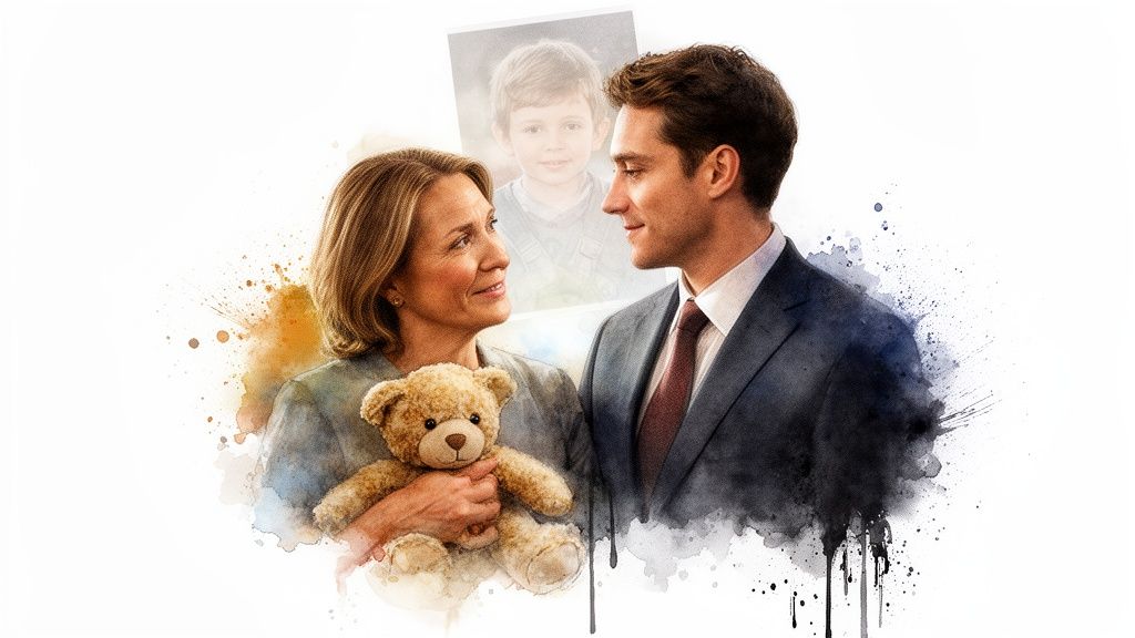 Touching watercolor of a mother holding a teddy bear, looking at her son in a suit, with his childhood image.