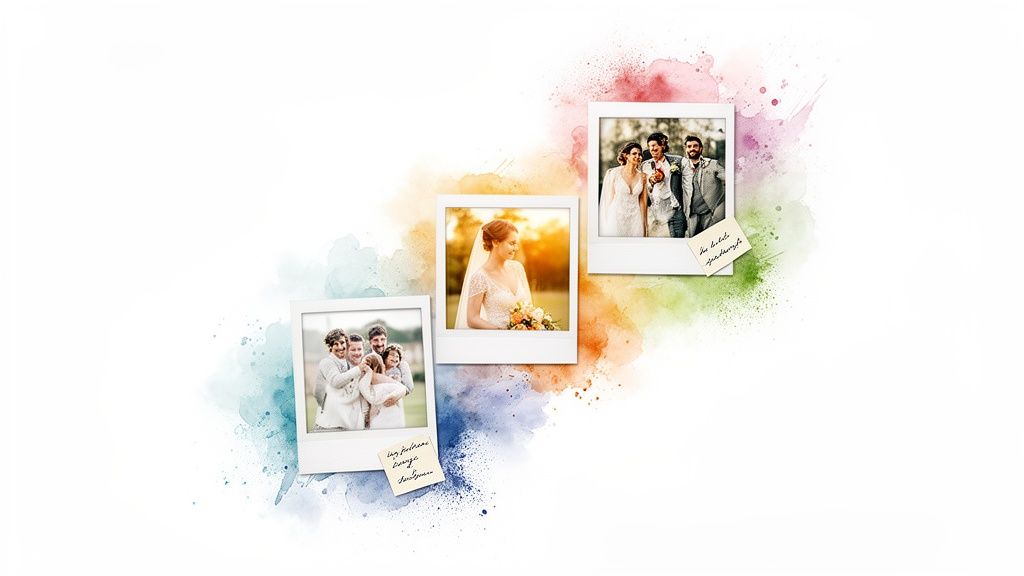 Three polaroid photos showcasing a couple's journey from wedding to family, on a vibrant watercolor splash background.