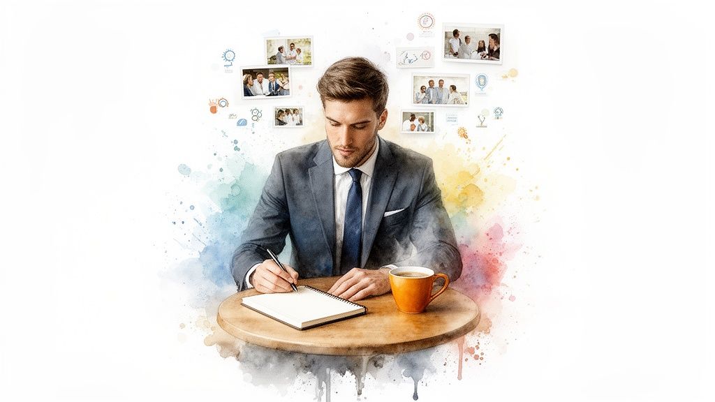 A focused man in a suit writes in a notebook, surrounded by floating images of people and colorful watercolor splashes.