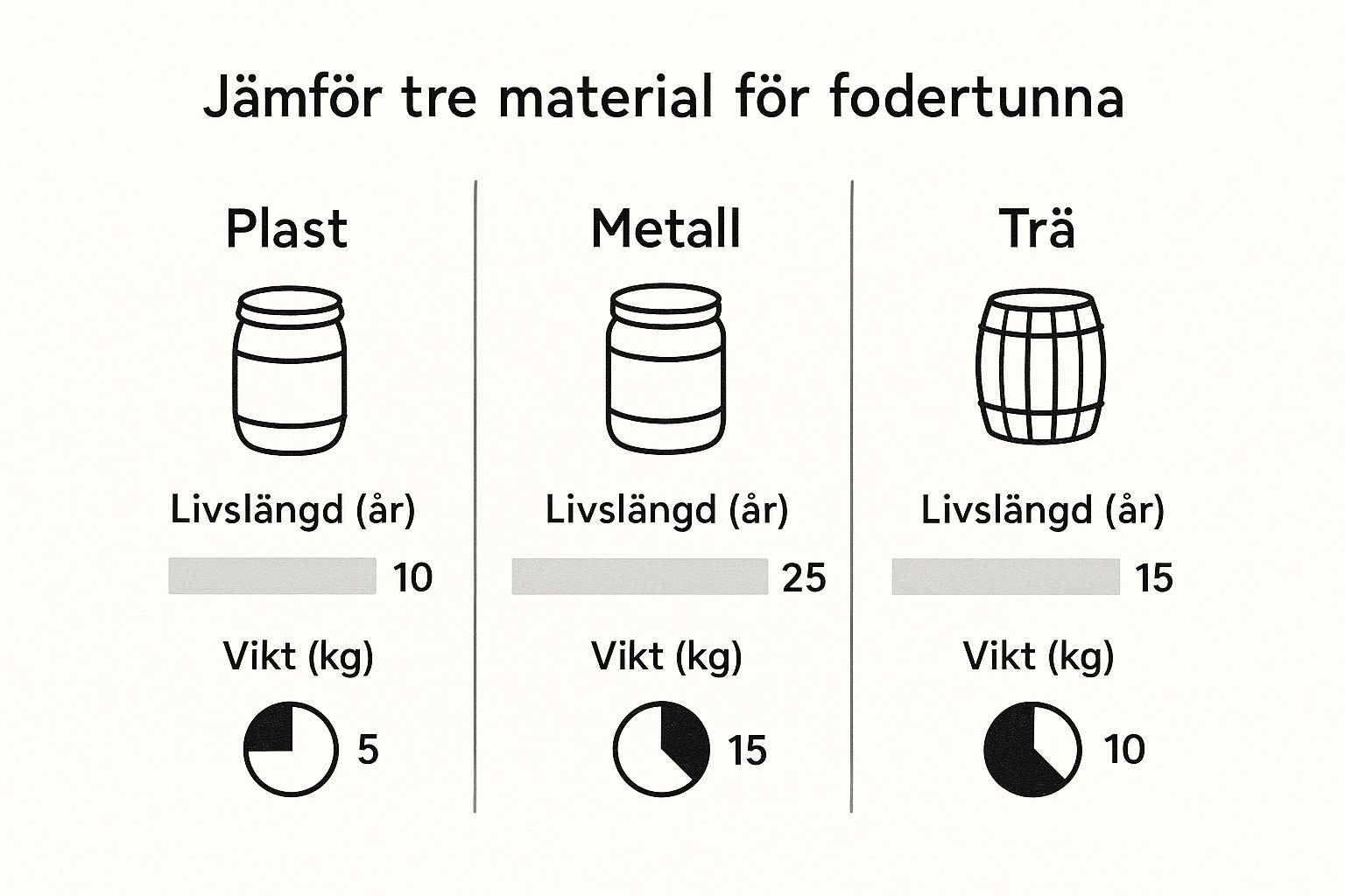 Infografik som jämför livslängd och vikt för fodertunnor i plast, metall och trä.