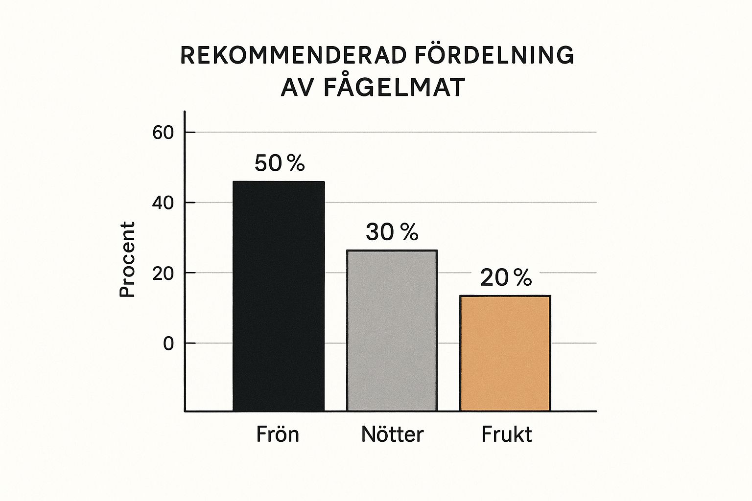 Infografik som visar en rekommenderad fördelning av fågelmat: Frön 50 %, Nötter 30 % och Frukt 20 %.