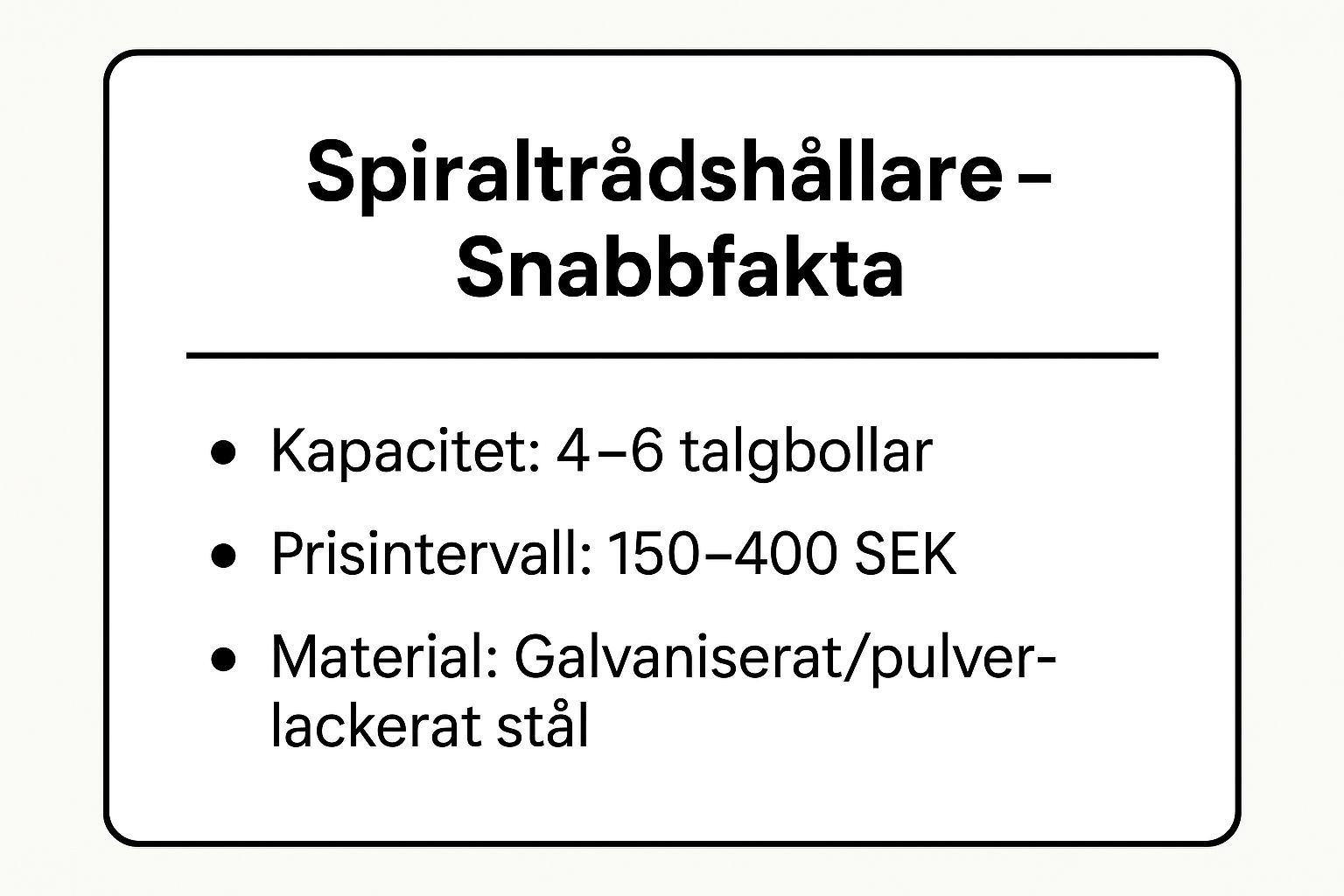 Infographic showing key data about Spiralformad Trådhållare för Talgbollar