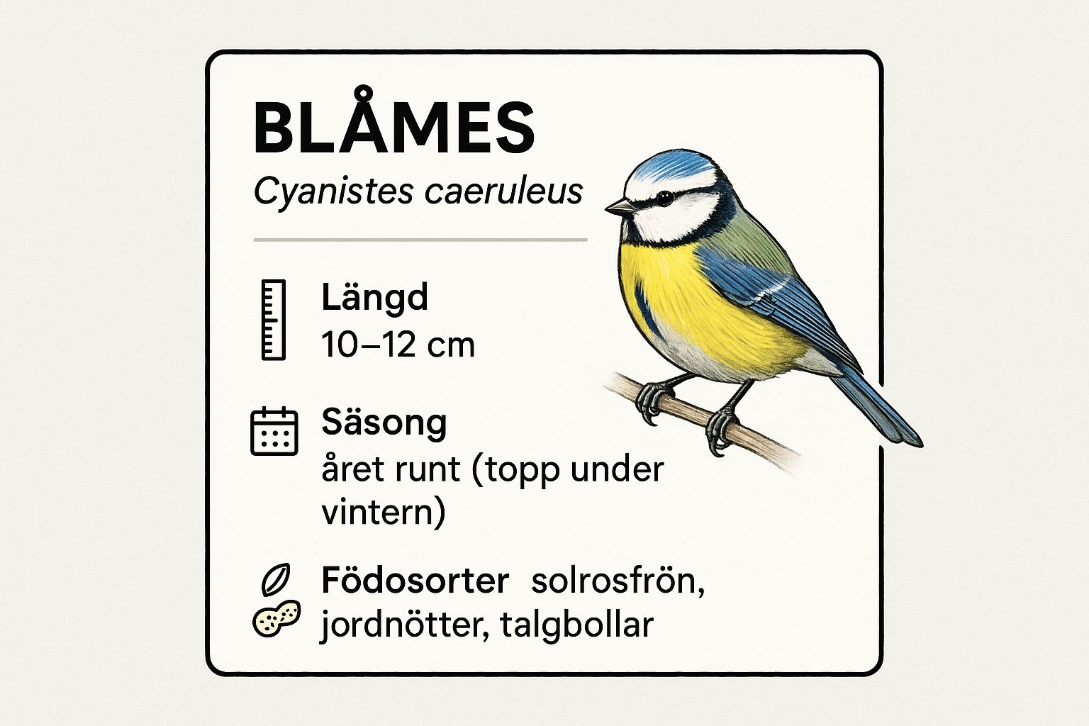 Infografikk som viser nøkkeldata om 1. Blåmeis (Cyanistes caeruleus)