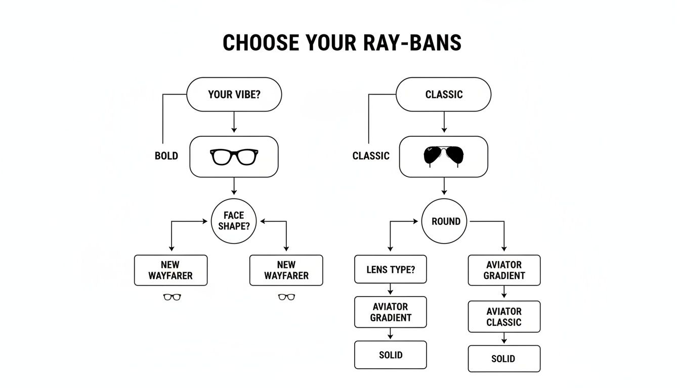 Flowchart guiding users to choose Ray-Ban glasses based on vibe, face shape, and lens type.