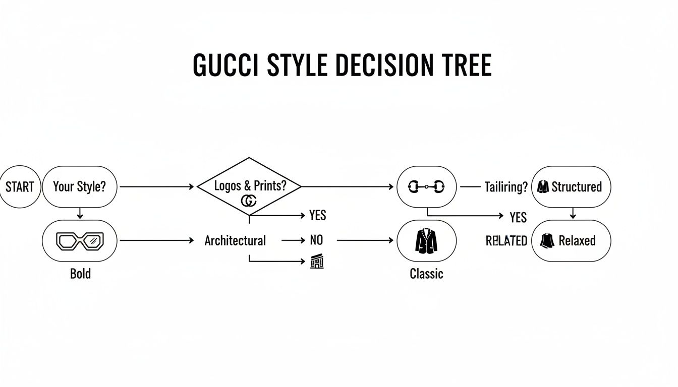 Gucci style decision tree flowchart guiding users through options like bold, classic, structured, or relaxed looks.