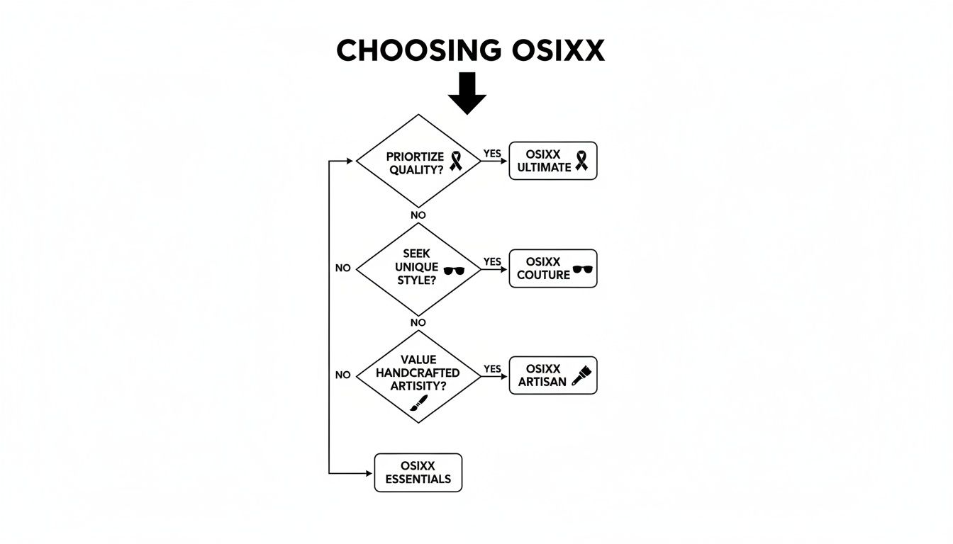 Un diagrama de flujo titulado 'CÓMO ELEGIR OSIXX' guía a los usuarios para seleccionar productos OSIXX en función de la calidad, el estilo o el arte.