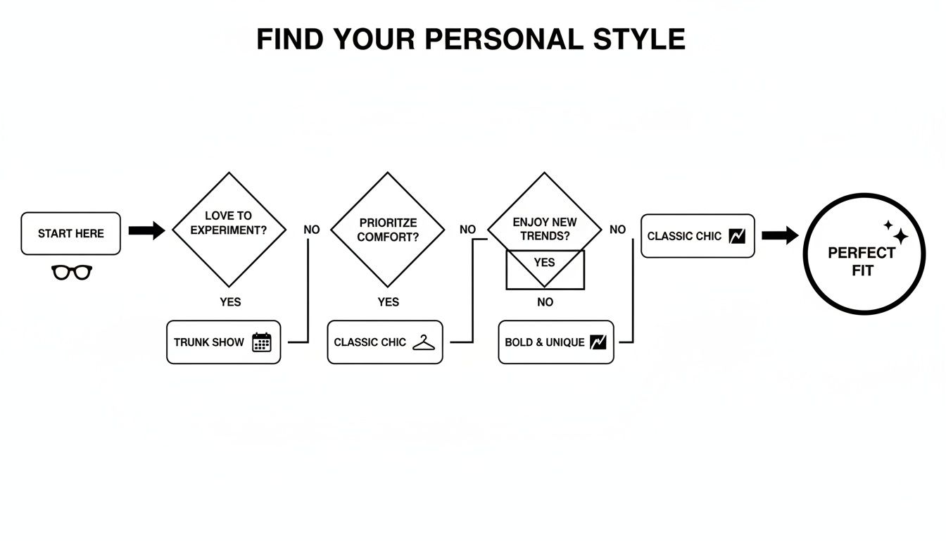 Un diagrama de flujo titulado "Encuentra tu estilo personal" que guía las elecciones de moda como la experimentación, la comodidad y las tendencias.