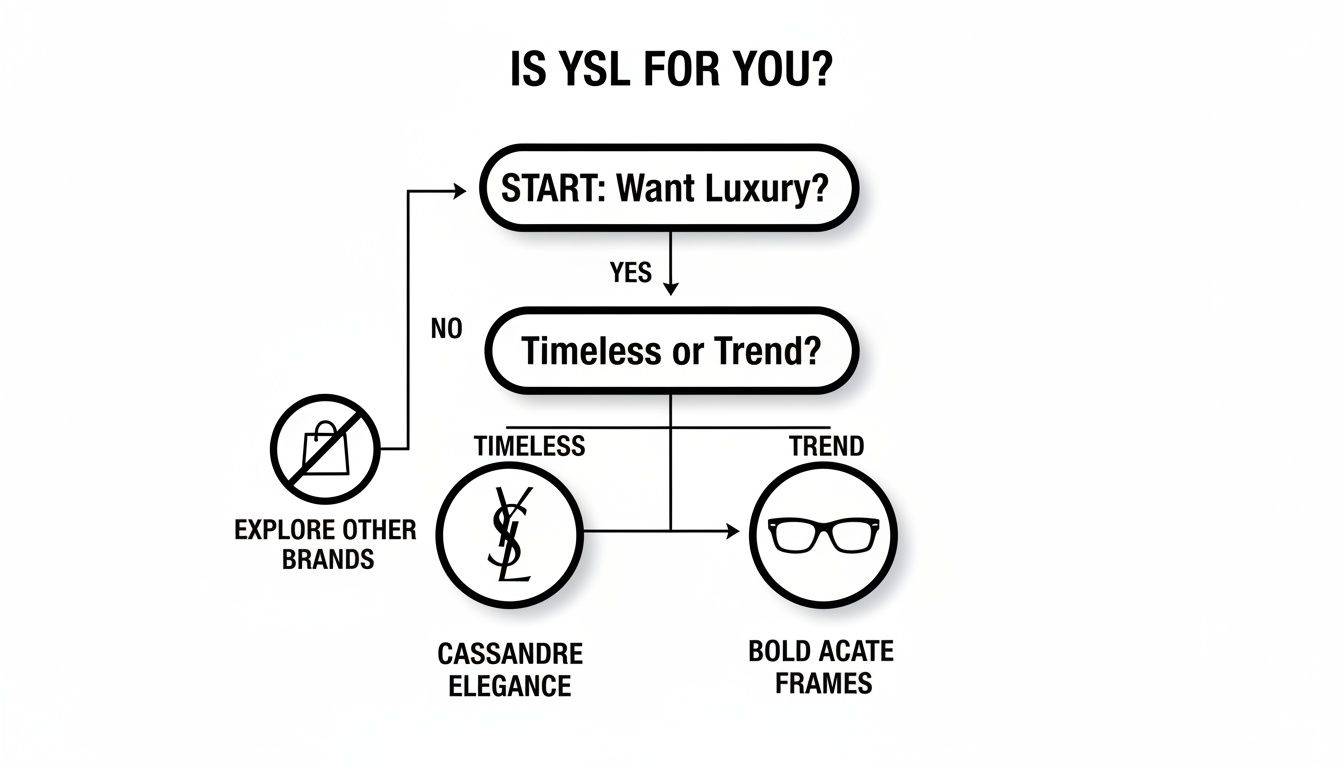 Un diagrama de flujo titulado "¿YSL es para ti?" guía a los usuarios hacia las opciones de lujo de YSL basadas en preferencias de estilo atemporales o de tendencia.