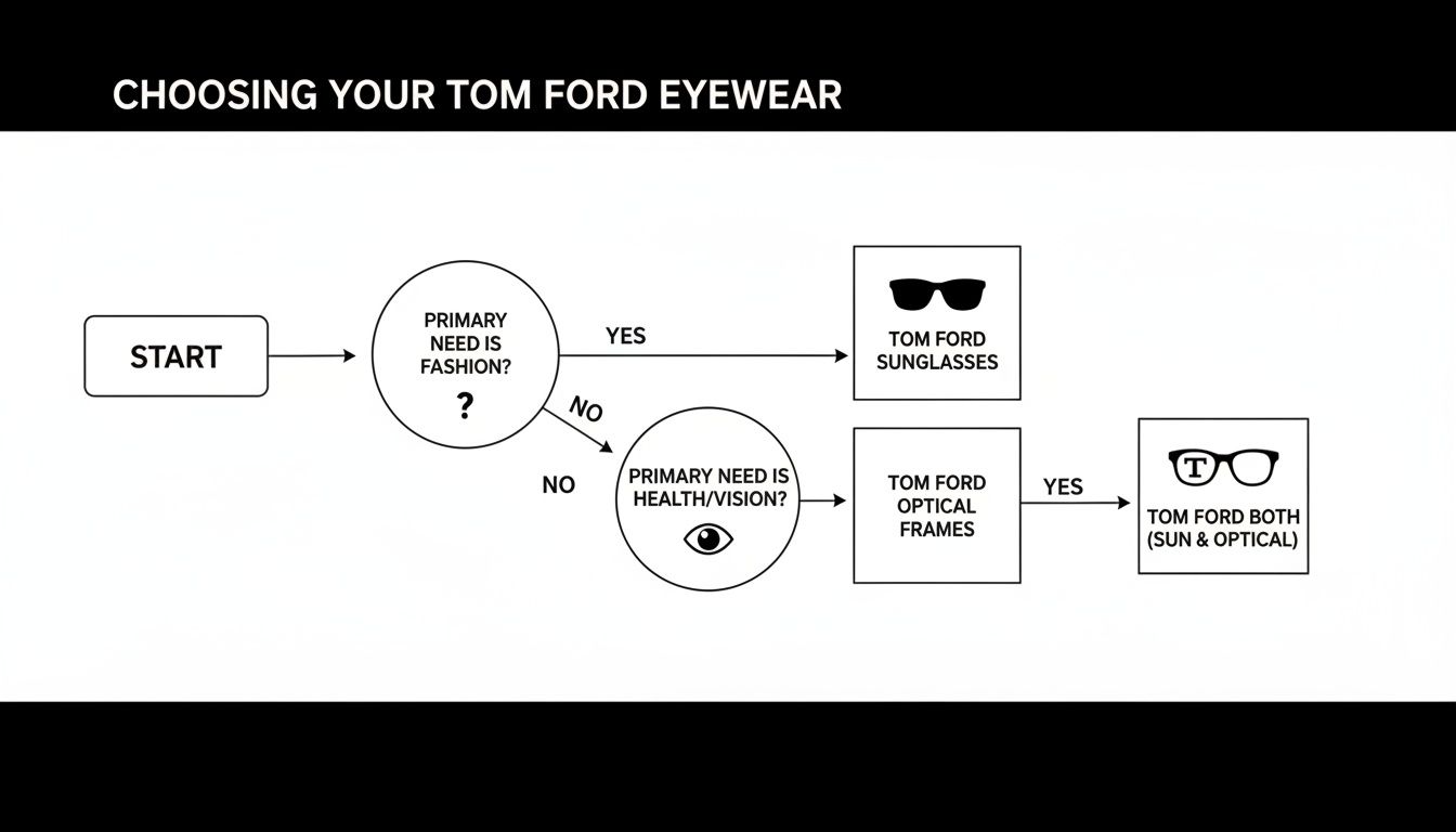 Diagrama de flujo para elegir gafas Tom Ford, guiando las decisiones entre gafas de sol, monturas ópticas o ambas en función de la moda y las necesidades de visión.