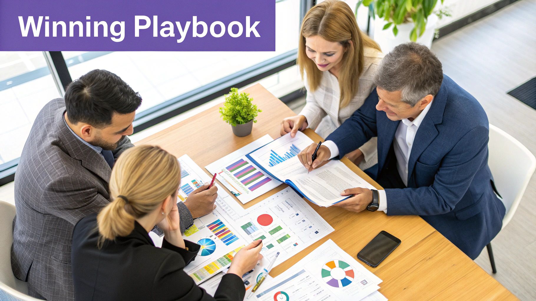 A group of professionals collaborating around a table, analyzing charts and data on a laptop, which represents the strategic process of competitive intelligence.