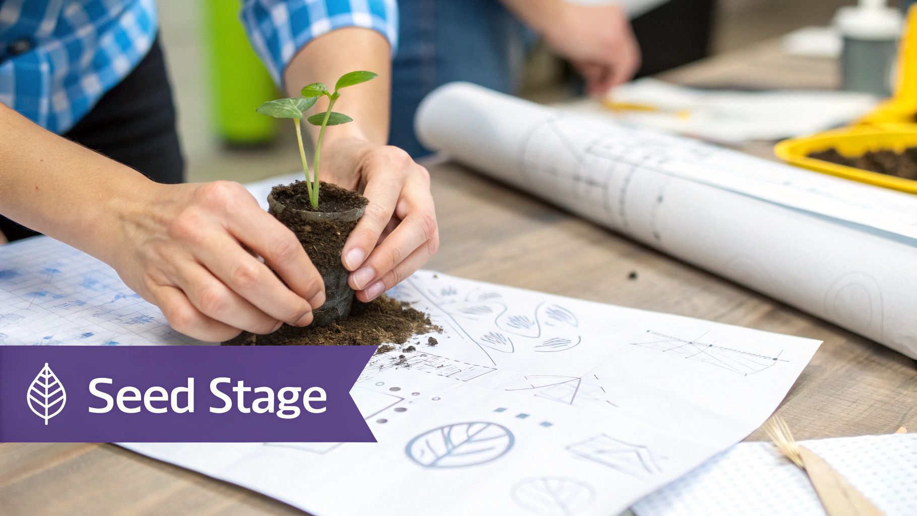 A team collaborating on a growth chart, symbolizing Series A funding momentum