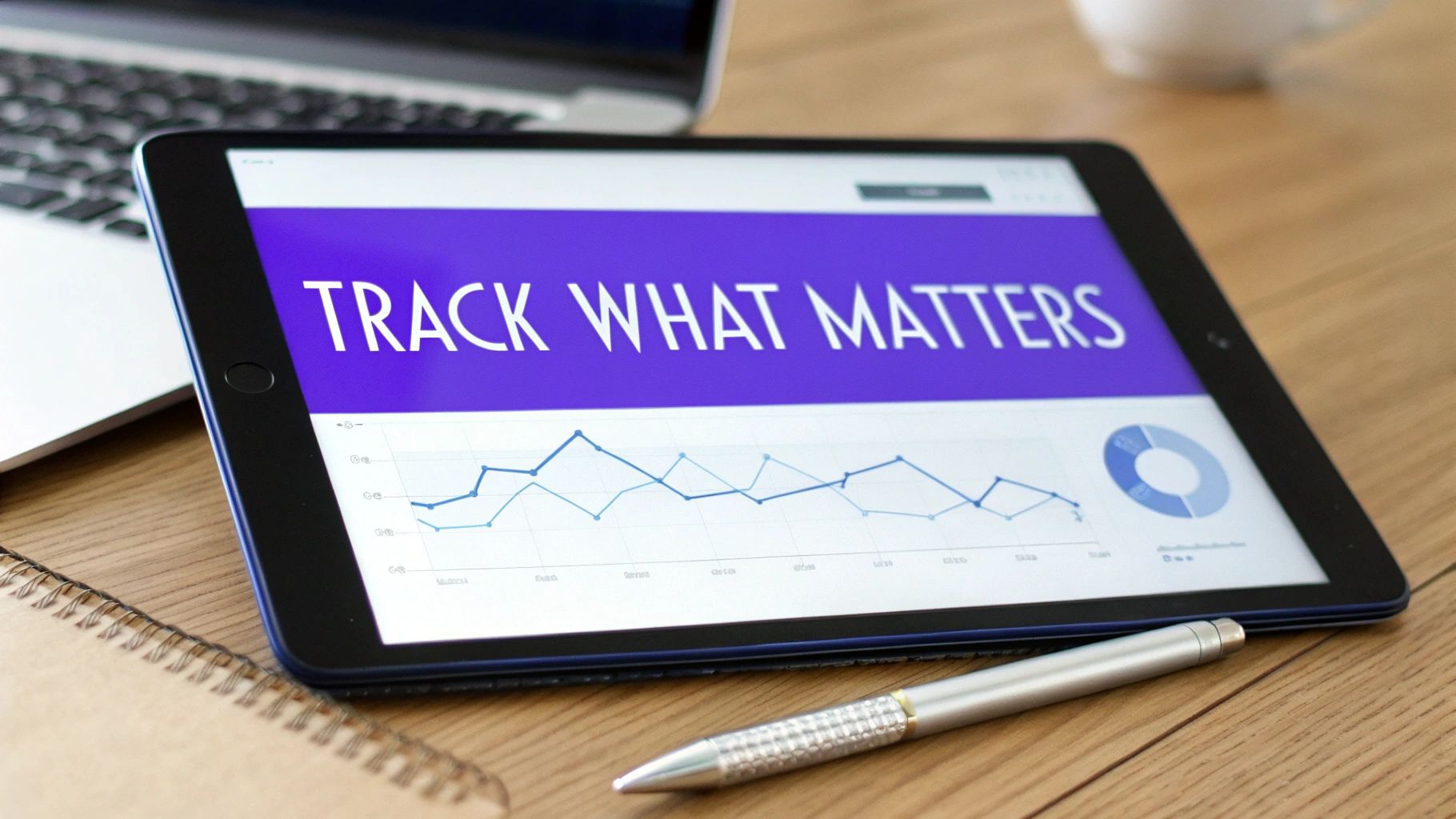 A tablet on a wooden desk displays 'TRACK WHAT MATTERS' with graphs, next to a laptop and a pen.