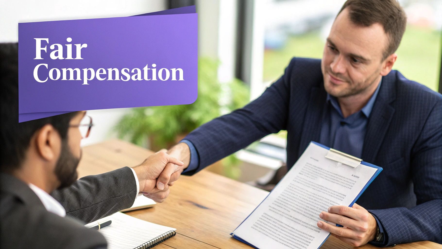 A candidate in a professional setting, confidently shaking hands during an interview.