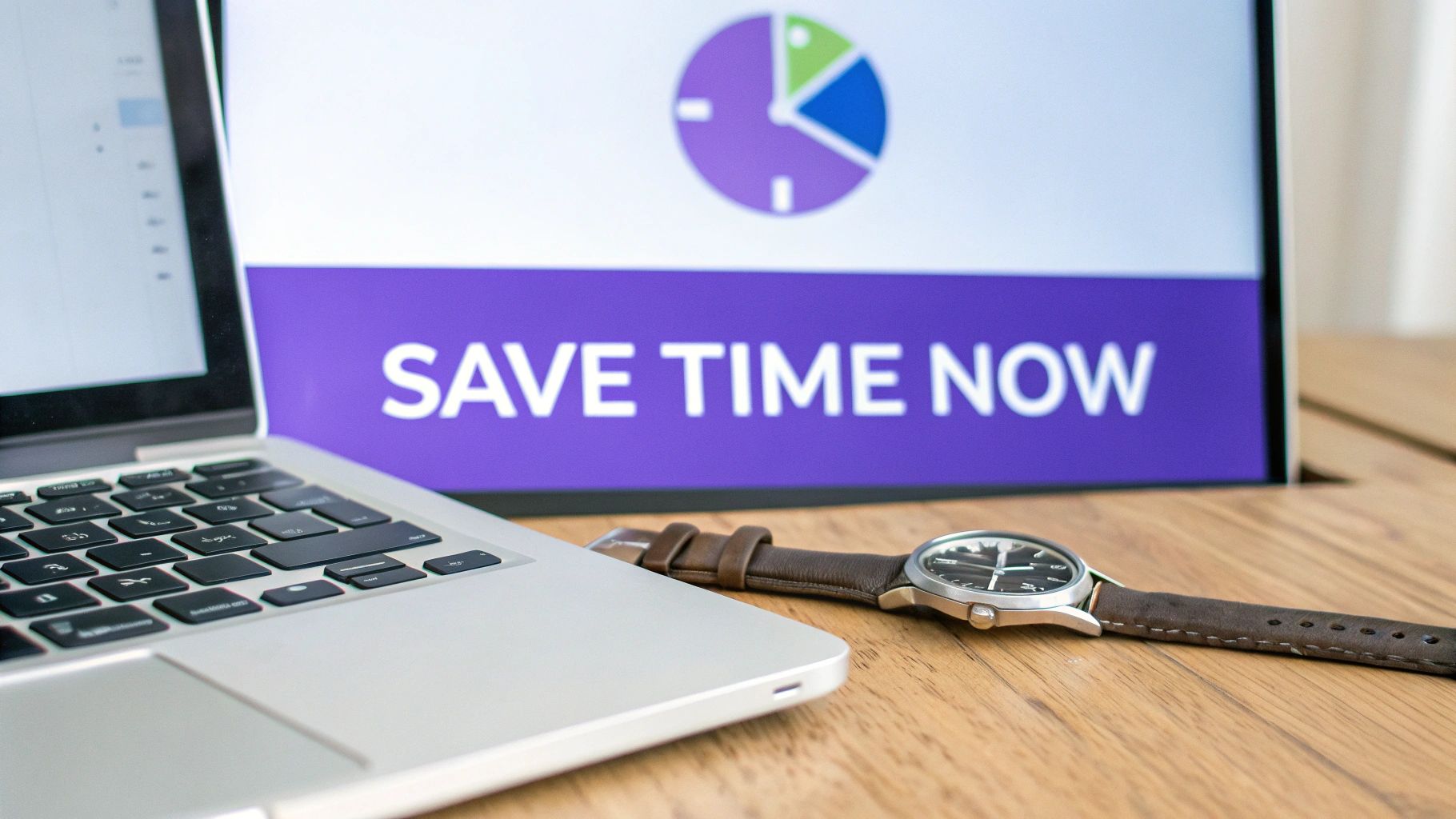 A laptop, watch, and screen displaying 'SAVE TIME NOW' with a time management icon.