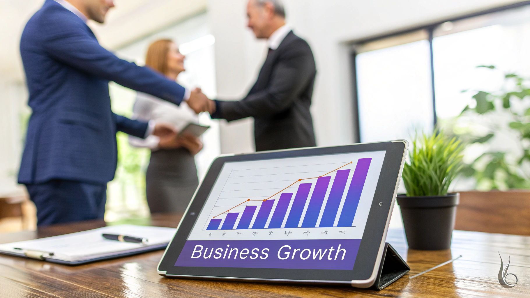 A sales team collaborating around a dashboard showing business business growth charts and data
