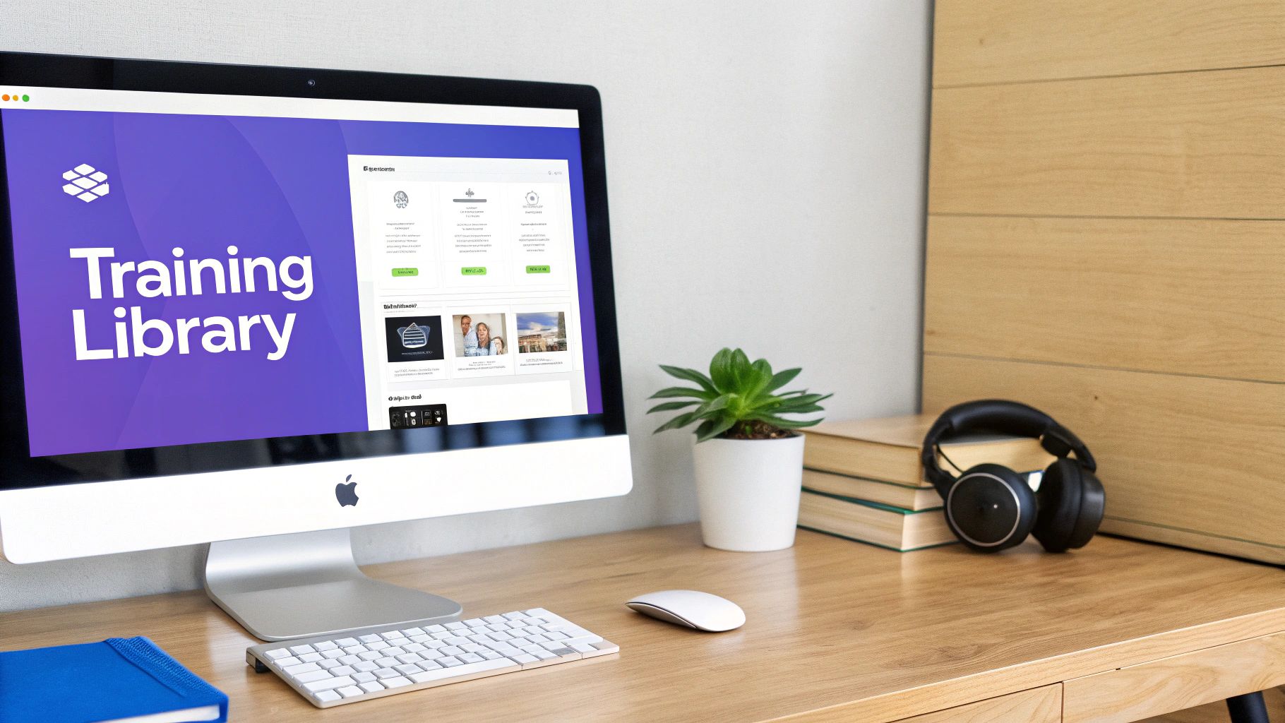 Computer screen displaying training library interface with course materials on clean wooden desk workspace