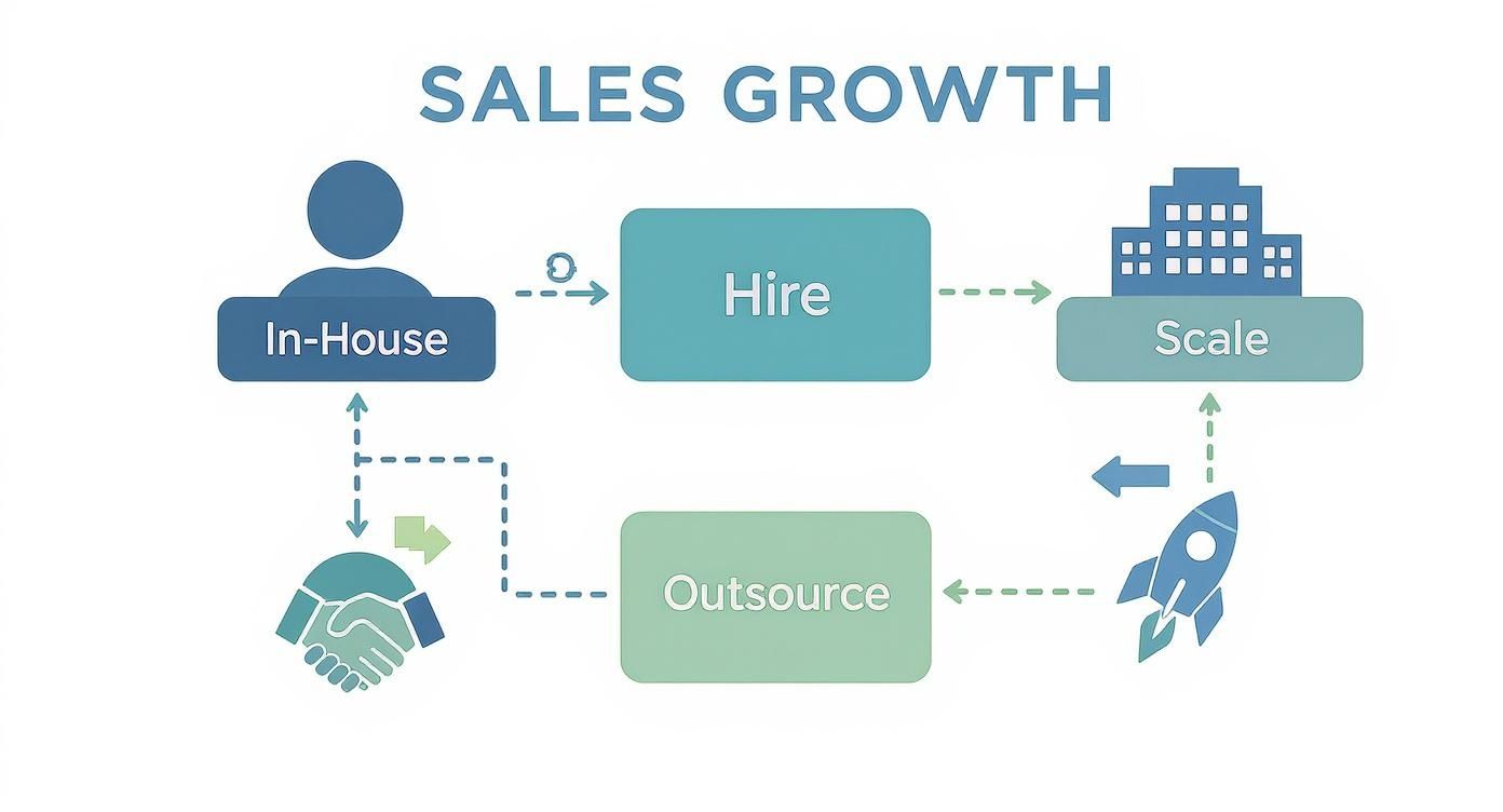 A flowchart outlining sales growth options, comparing in-house hiring and scaling with outsourcing strategies.