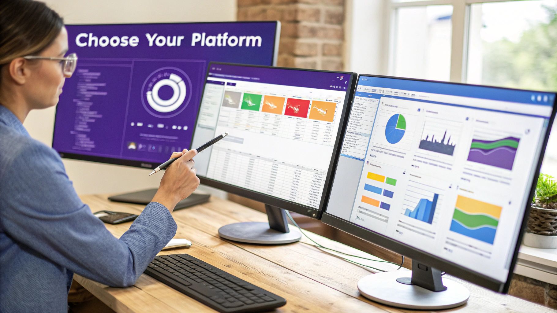 A person at a computer evaluating different sales intelligence platforms on a dashboard