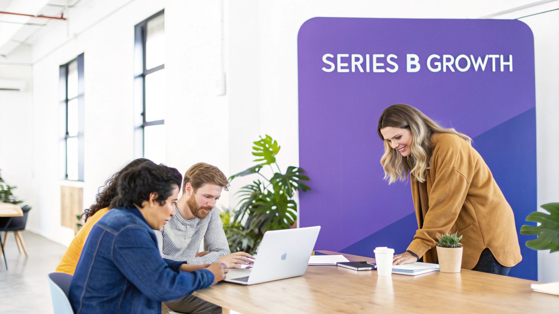 A team collaborating in a modern office, representing a Series B startup's growth phase.